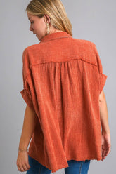 Umgee Full Size Cotton Gauze Mineral Wash Button Down Shirt Plus Size OutfitFlow